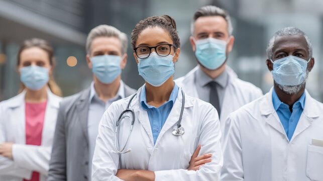 Group of doctors with face masks looking at camera, corona virus concept., no logos, no brands