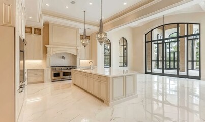 Spacious, light-filled kitchen with marble floors and cream cabinets