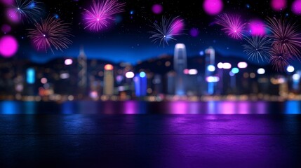 Magical Cityscape at Night with Fireworks and Starry Sky Stunning Artwork. A breathtaking nocturnal panorama featuring pyrotechnic displays against a celestial backdrop an extraordinary
