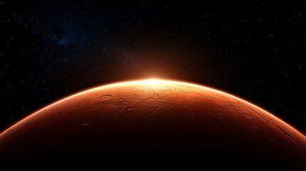 Mars the fourth planet from the sun rotates in space with a nebula and stars in the background. A celestial body orbiting our solar system s star a cosmic dance amidst galactic dust