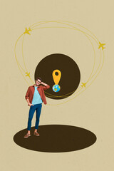 Vertical poster artwork collage of happy girl guy stand earth planet geolocation icon summer moving...