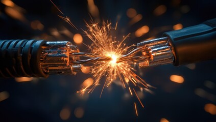 Close-up of electrical wires sparking.  A high-energy spark erupts between two wires, creating a dazzling display of light and sparks against a dark background