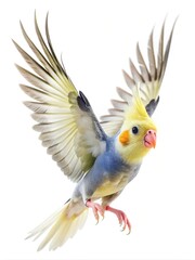Obraz premium A beautiful cockatiel with open wings in mid flight against white backdrop
