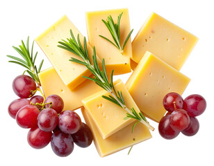  Stack of Sliced Cheddar Cheese with Fresh Herbs and Grapes, Top View, PNG