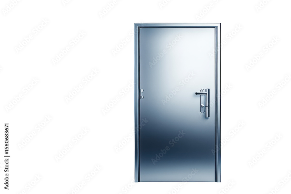 Fototapete stepping into the unknown with a sleek modern silver door shining in anticipation against a on trans
