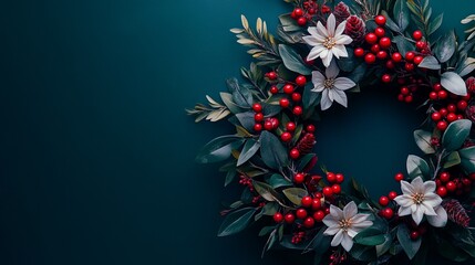 Obraz premium Festive Holiday Wreath Decorated With Red Berries, White Flowers, and Pine Needles on a Deep Green Background Evoking Seasonal Cheer