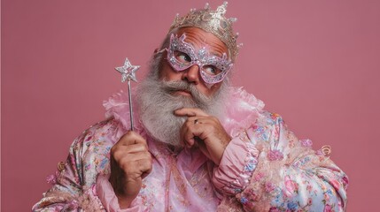 Puzzled hesitant plump father wears masquerade fairy costume, amuses children while staying at home, tries to choose next game, poses with magic wand, rosy background. Holiday, theme party concept, n