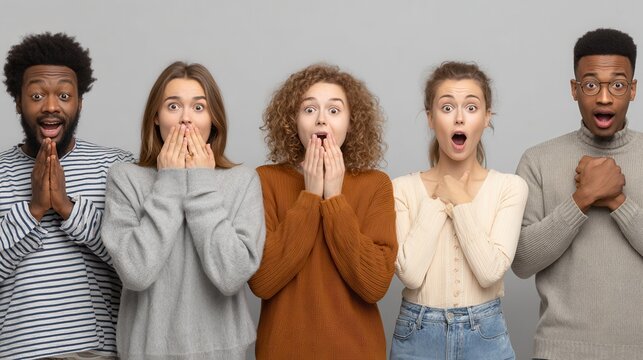Horizontal shot of people from different races, being emotional, express various feelings and emotions, stand in row. Mixed race young women and men show surprisment, happiness, shock, approval, no l
