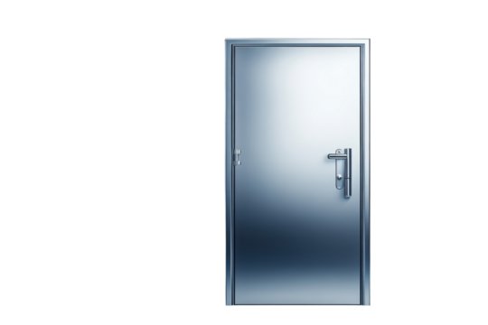 Stepping into the unknown with a sleek modern silver door shining in anticipation against a on transparent background