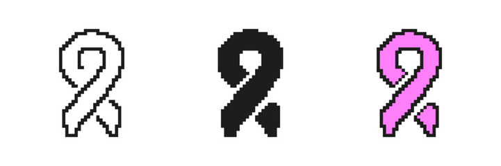 Obraz premium Awareness Ribbon Icon Set In Pixel Art. Pixelated Support Ribbon, Symbol for Awareness and Charity Campaigns. Isolated Vector Illustration
