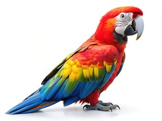 Fototapeta premium Scarlet Macaw displaying vibrant plumage and striking details against a white backdrop