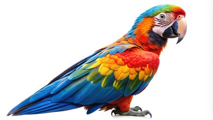 Vibrant Scarlet Macaw Perched on White Background, showcasing brilliant plumage and details
