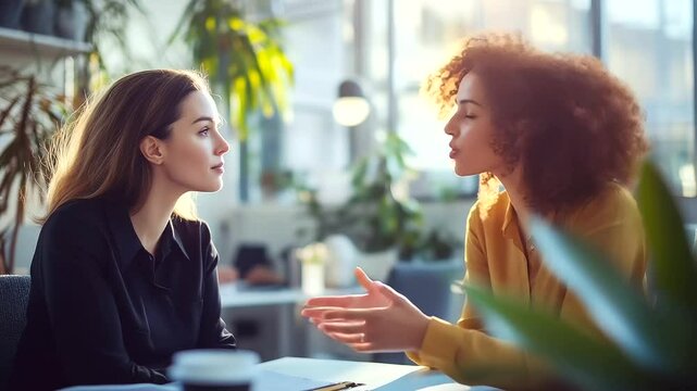 Confident female professionals engaging in an empowering conversation in a bright office setting, showcasing collaboration and accessibility business inclusion, accessible workspac,Confident women, p