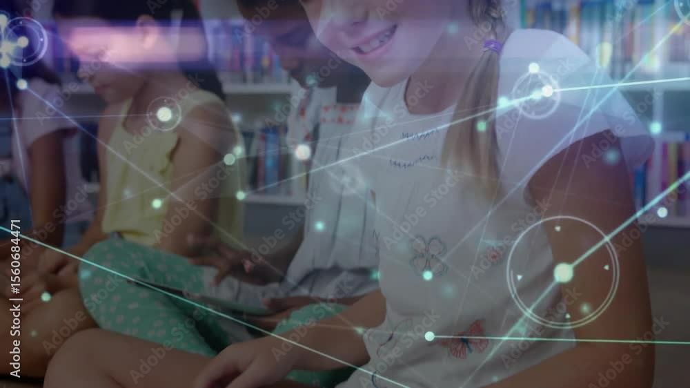 Poster four girls tapping tablets in library activating moving network visualization graphics for learning