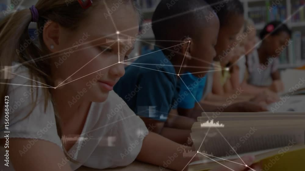 Poster camera panning across students reading at library while network graphics overlay showing education