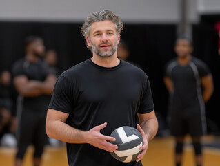 Male volleyball coach, standing confidently in sportswear, holding a volleyball, with athletes practicing in the background, showcasing leadership and teamwork in a gym environment