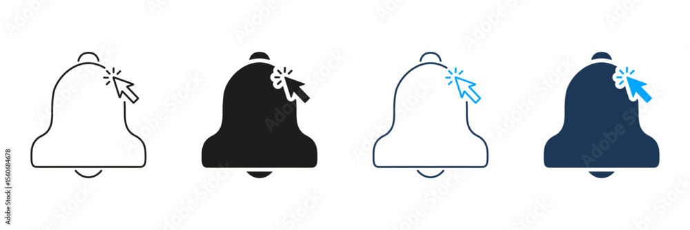 Poster notification bell with click cursor line and solid icon set. alert activation, reminder, notificatio