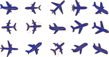 Set of airplane vector solid icons showing passenger jets in flight and various angles for travel and aviation design with transparent background