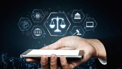 Futuristic digital law interface displaying justice scale, highlighting digital law, AI compliance,...