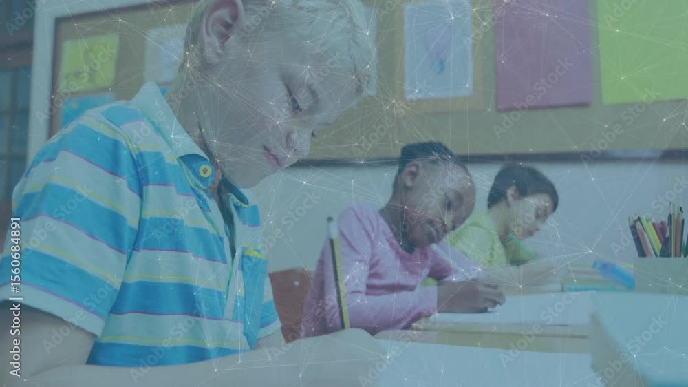 Poster upon receiving worksheets, students writing assignment while animated icons floating across desks