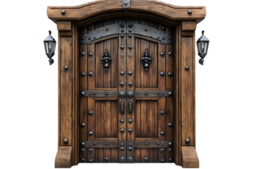 Step into a rustic medieval world a majestic wooden door protected by iron hardware invites on transparent background