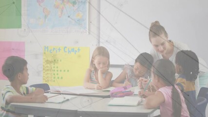 Teacher leaning over table sparking animated pencil icons guiding students writing assignments - Powered by Adobe