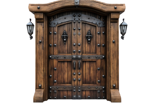 Step into a rustic medieval world a majestic wooden door protected by iron hardware invites on transparent background