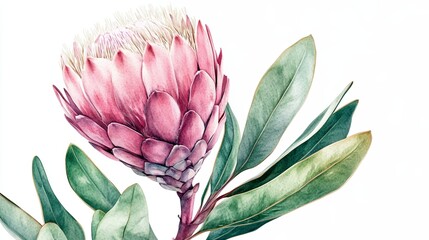 Obraz premium Pink Watercolor Protea Flowers With Delicate Greenery and Berries on a Clean White Background for Elegant Holiday Design