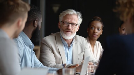 Obraz premium Male mature caucasian ceo businessman leader with diverse coworkers team, executive managers group at meeting. Multicultural professional businesspeople working together on research plan in boardroom