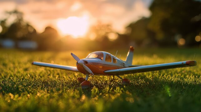 foto of an small airplane on green grass and sunset background , no logos, no brands