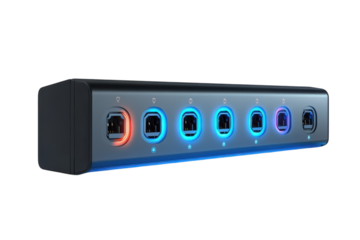 Sleek modern media hub boasting a vibrant spectrum of light indicating connectivity and data on transparent background