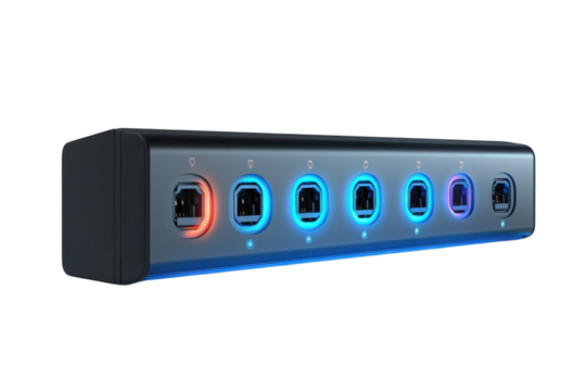 Sleek modern media hub boasting a vibrant spectrum of light indicating connectivity and data on transparent background