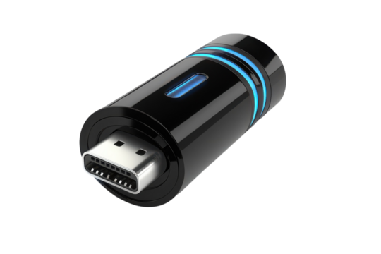 Sleek futuristic USB C adapter with glowing blue accents ready to connect the digital world to on transparent background