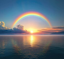 A vibrant rainbow arches over a serene ocean sunset.  Sunrise colors paint the sky, reflecting on the calm water's surface.  Fluffy clouds surround the horizon