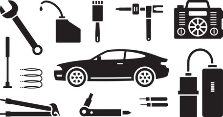 Obraz premium Black and White Car Repair Icons Set Including Wrench Jack Lug Wrench Torque Wrench Oil Can Air Compressor