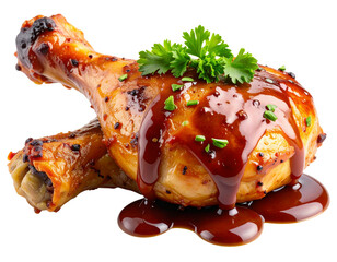 Grilled Chicken Leg with BBQ Sauce Drizzle and Herbs, Side View, Transparent PNG