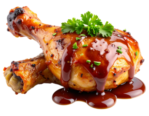 Grilled Chicken Leg with BBQ Sauce Drizzle and Herbs, Side View, Transparent PNG
