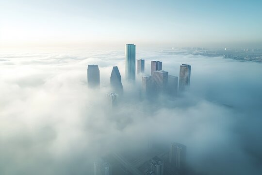 City skyline piercing a hazy morning mist
