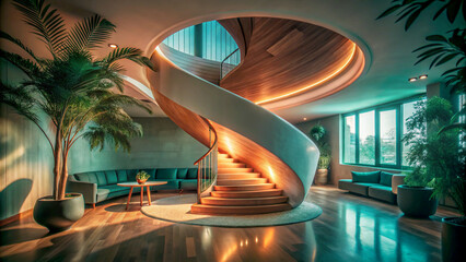 Modern luxurious interior with a sweeping wooden spiral staircase and lush green plants