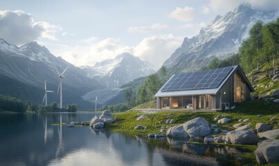 Obraz premium Eco-friendly cabin nestled by a serene mountain lake, powered by renewable energy