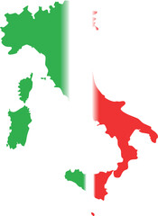 This image displays the map of Italy filled with the Italian flag colors: green on the left, white in the middle, and red on the right.