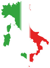 This image displays the map of Italy filled with the Italian flag colors: green on the left, white in the middle, and red on the right.