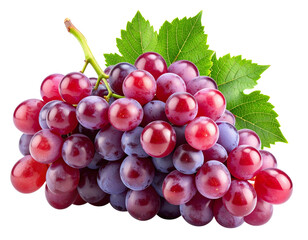 Fototapeta premium Fresh Red Grape Bunch with Green Leaves, Front View, Transparent PNG