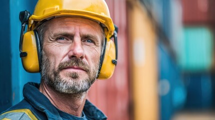 Factory worker man in hard hat and noise reduction ear muffs with containers box background, no logos, no brands