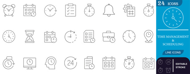 Minimal line icon set for time management and scheduling, featuring clocks, calendars, checklists, alarms, and reminders. Ideal for apps, productivity, and business tools.