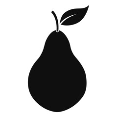 Simple black silhouette of a pear with a stem and leaf on a white background