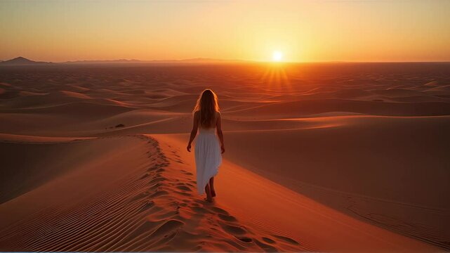 Woman in White Dress Walking Through Desert at Sunset
