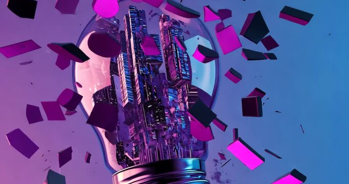 A lightbulb shatters, revealing a futuristic city within, symbolizing innovation and change.
