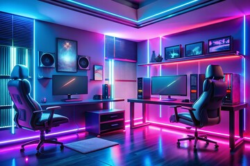 Neon-lit gaming room interior with two gaming chairs and computers