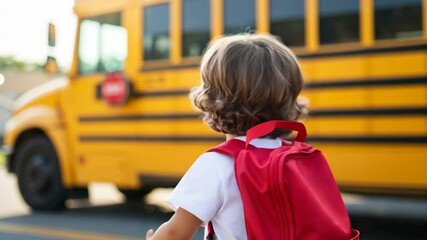 Happy and excited little boy with a red backpack showing thumbs up against a yellow school bus background